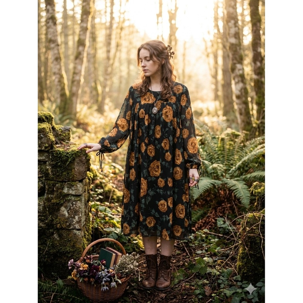 Isolde Whimsigoth Floral Yoke Dress Black Marigold Rose L/S Tie Cuff L Chiffon